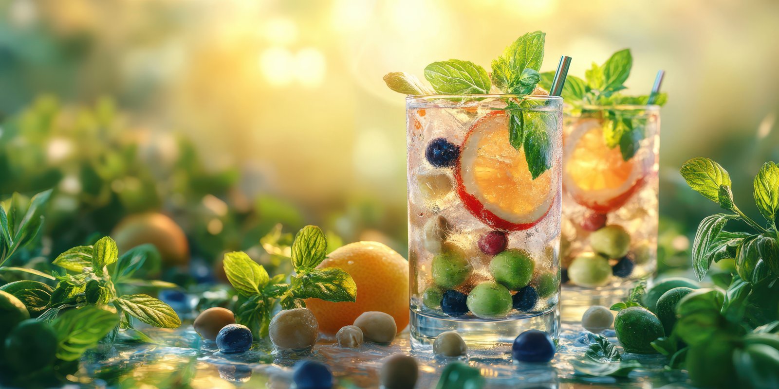Refreshing summer cocktails with vibrant fruits and herbs surrounded by green foliage in sunny outdoor setting